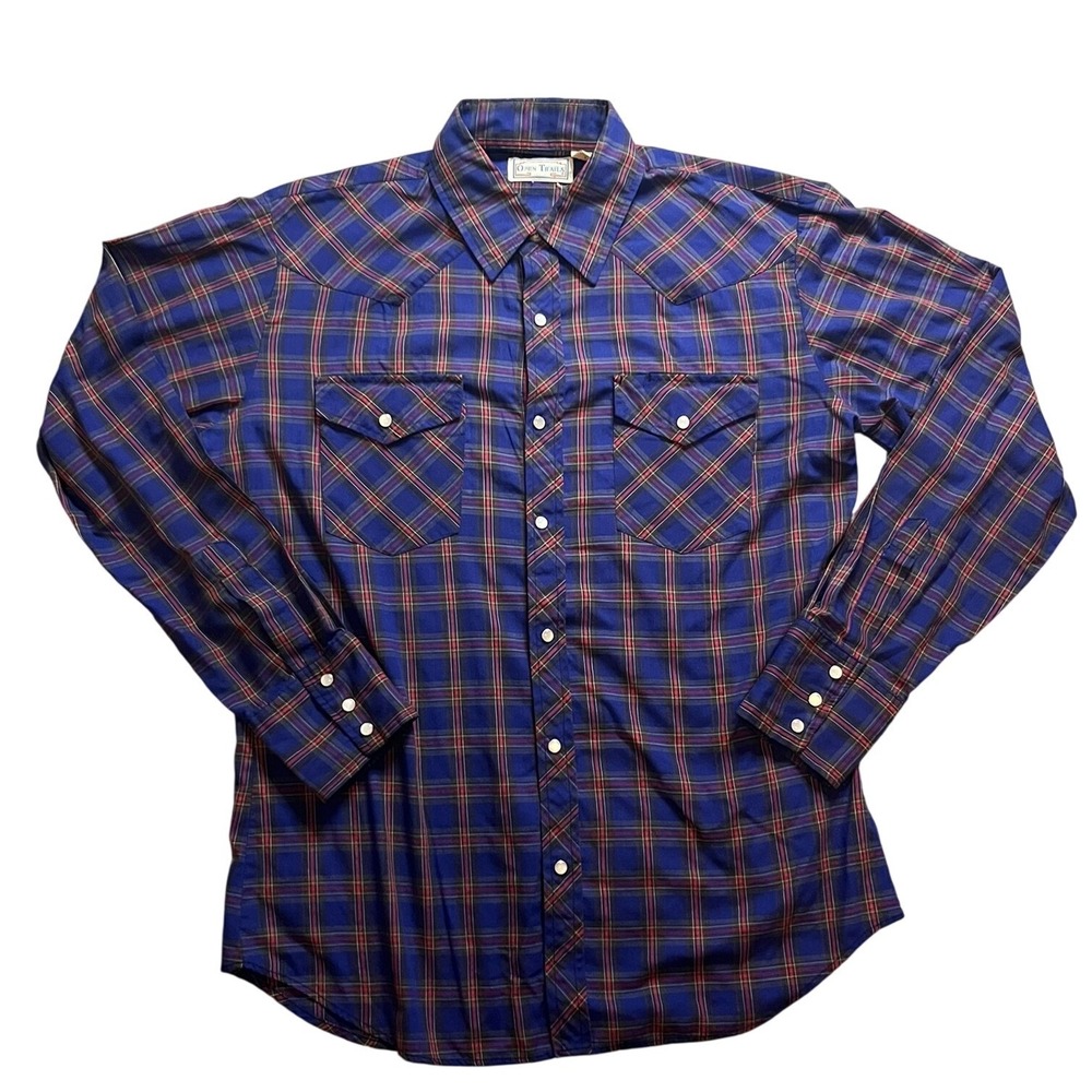 Vintage Open Trails Mens Blue Plaid Pearl Snap Western Shirt 70s 80s Medium